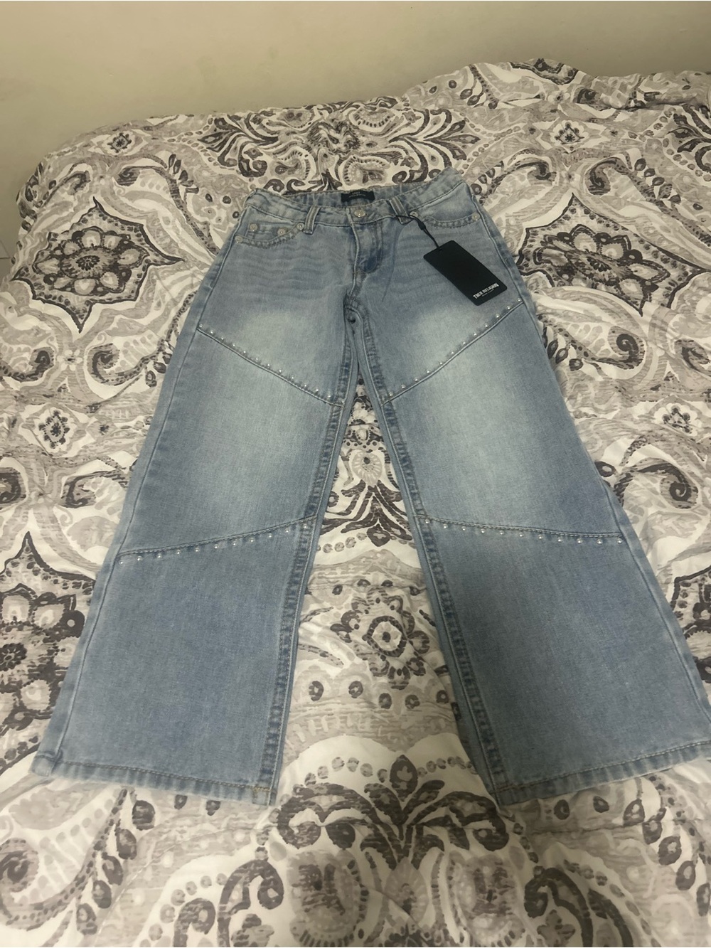 True Religion Light Blue Wide-Leg Jeans with Stud Trim